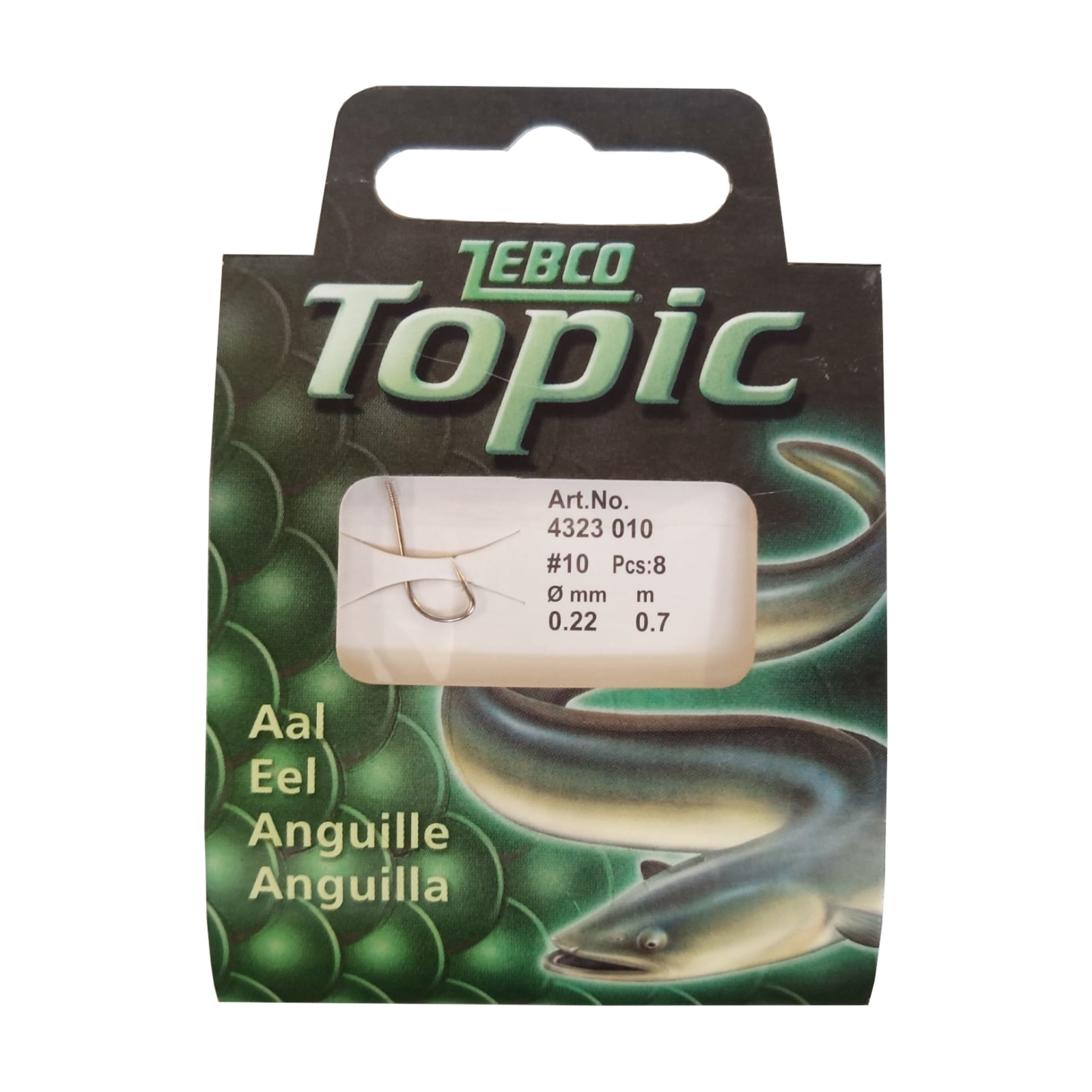 8 Topic Aalhaken Größe 10, Vorfach 0,22mm/0,70cm