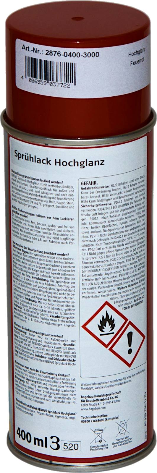 400ml Renovo Sprühlack hochglänzend Feuerrot 400ml Renovo Sprühlack hochglänzend Feuerrot
