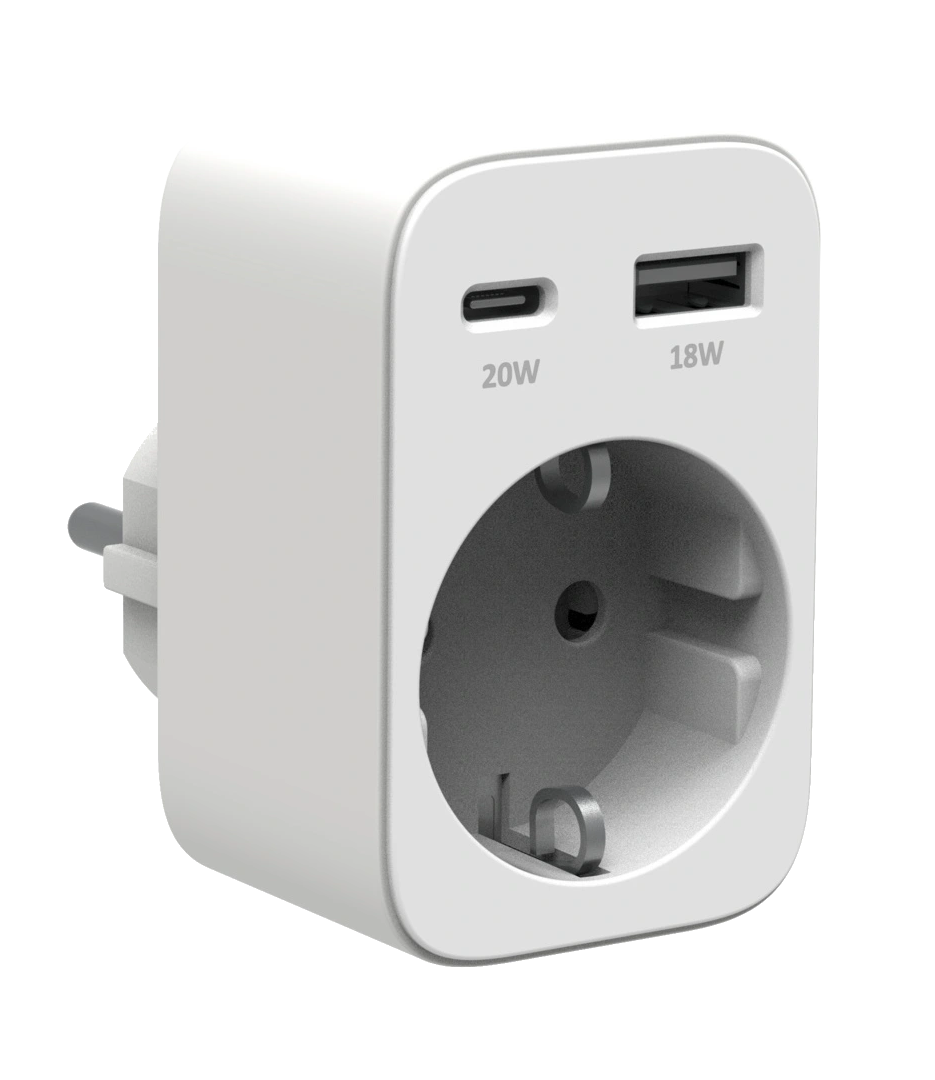 USB-Steckdosenadapter, Schuko, USB-A, USB-C (Power Delivery 20 W), weiß