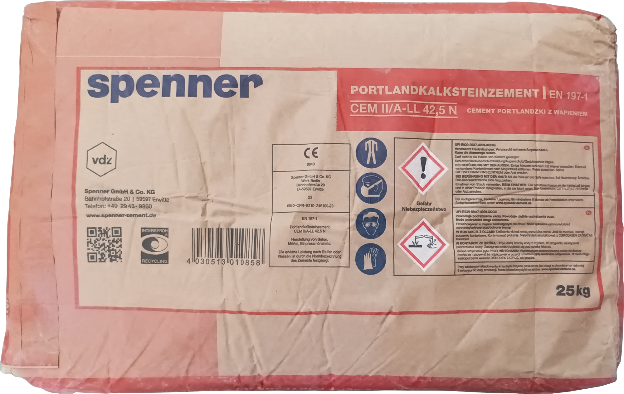 25kg Spenner Zement CEM II/A-LL 42,5 N EN 197-1 gesackt 25kg Spenner Zement CEM II/A-LL 42,5 N EN 197-1 gesackt
