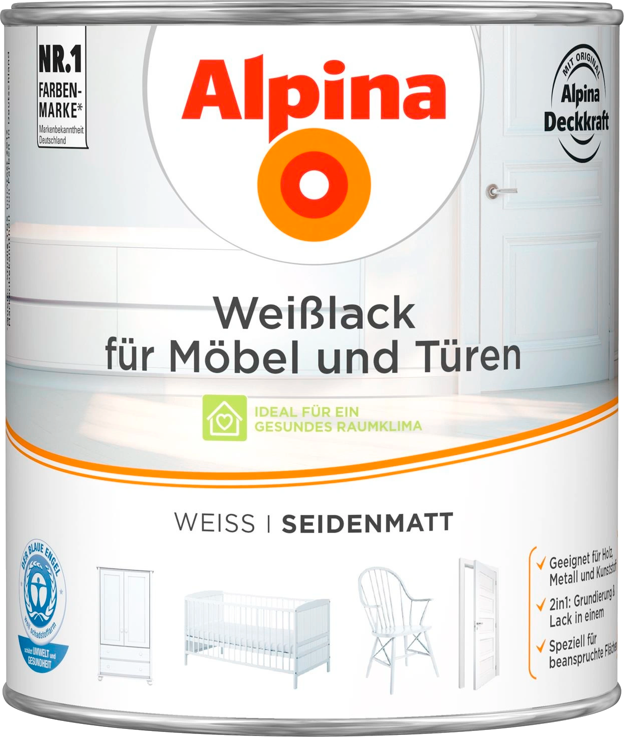 2L ALPINA Weißlack für Möbel & Türen seidenmatt