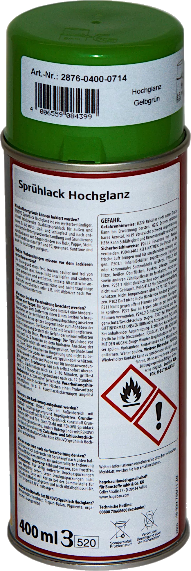 400ml Renovo Sprühlack hochglänzend Gelbgrün 400ml Renovo Sprühlack hochglänzend Gelbgrün