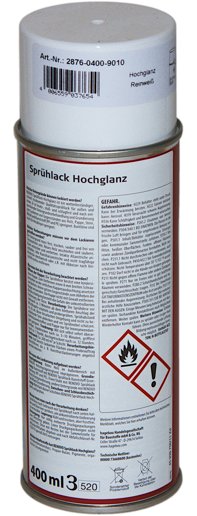 400ml Renovo Sprühlack hochglänzend Reinweiss RAL9010