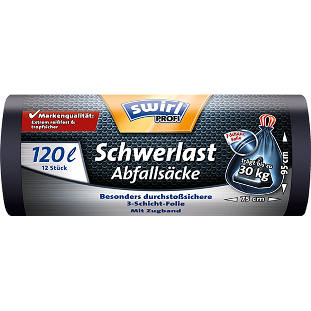 Swirl Profi-Schwerlast-Abfallsäcke 120 Liter mit Zugband (12/Rolle) Swirl Profi-Schwerlast-Abfallsäcke 120 Liter mit Zugband (12/Rolle)