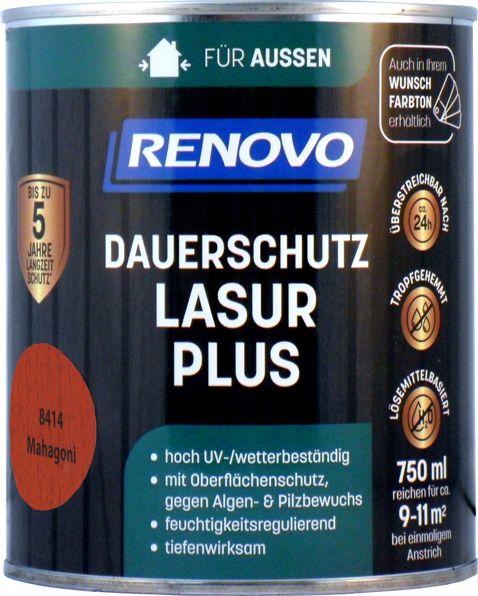 750ml Renovo Dauerschutzlasur PLUS Nr.8414 Mahagoni 750ml Renovo Dauerschutzlasur PLUS Nr.8414 mahagoni