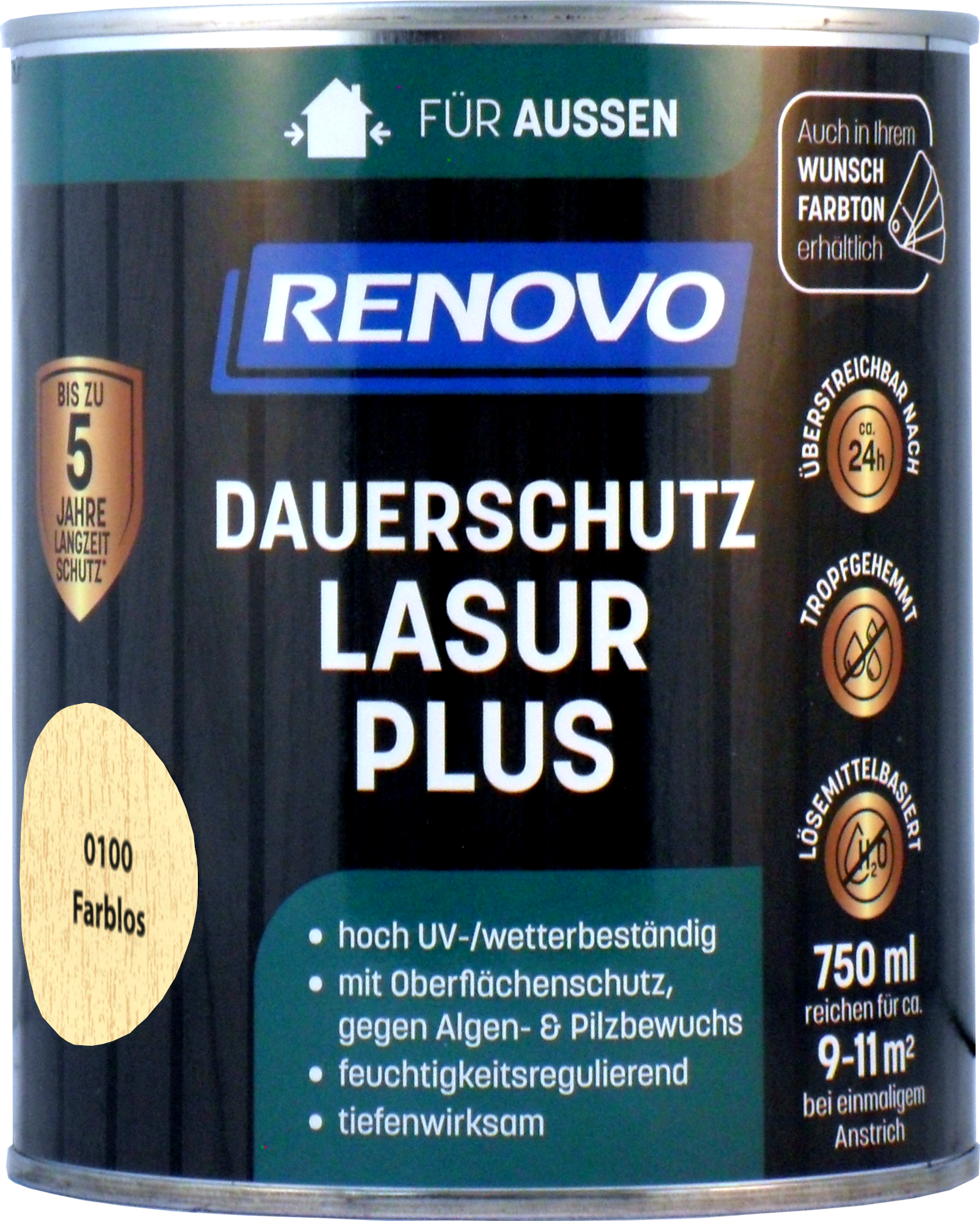 750ml Renovo Dauerschutzlasur PLUS Nr.0100 Farblos 750ml Renovo Dauerschutzlasur PLUS Nr.0100 farblos