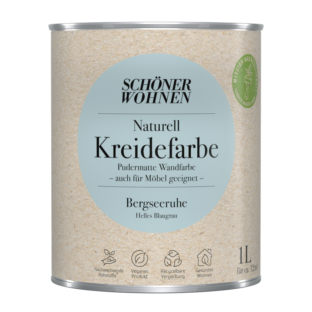 1L Schöner Wohnen Naturell Kreidefarbe Bergseeruhe, Helles Blaugrau 1L Schöner Wohnen Naturell Kreidefarbe Bachplätschern, Klares Hellblau