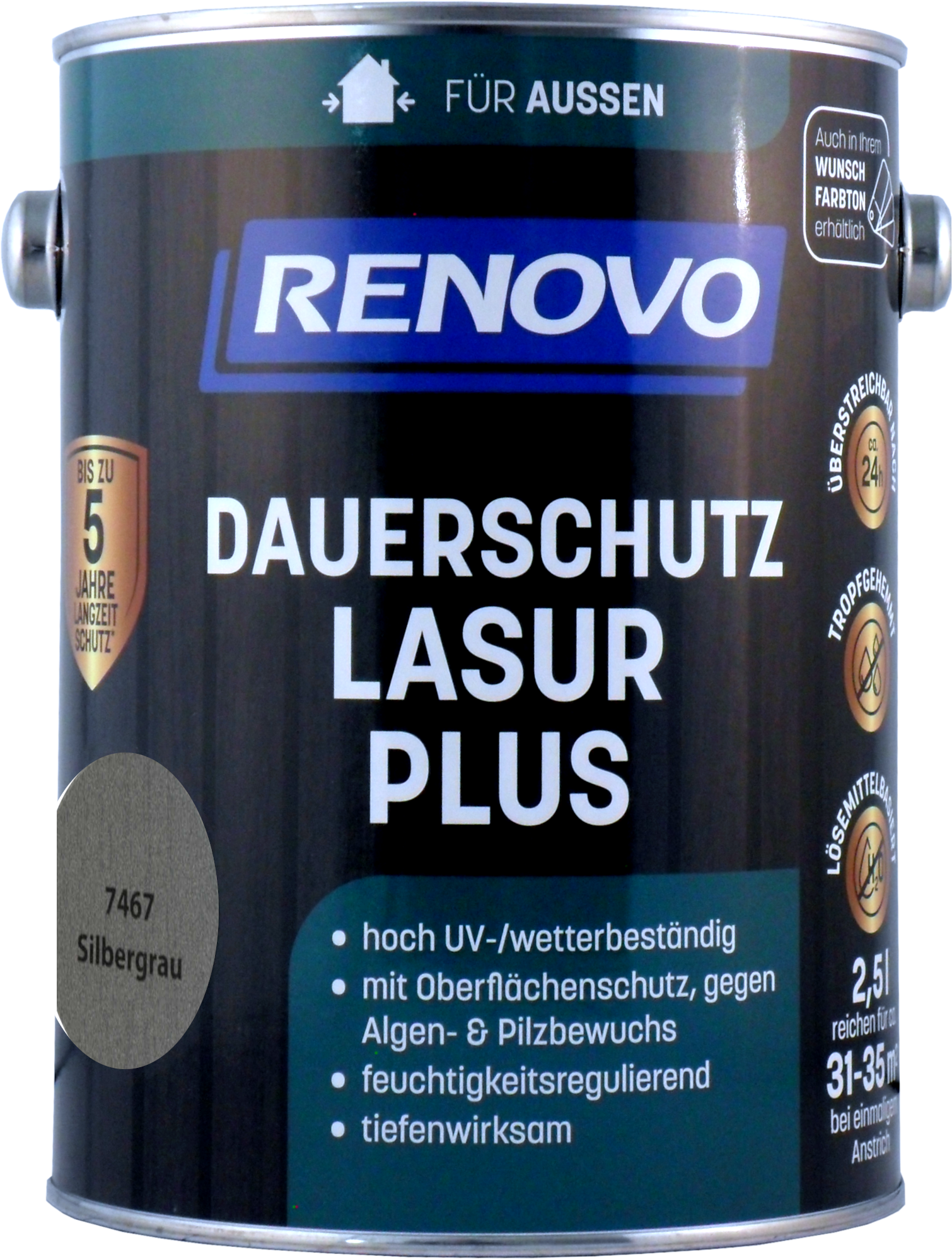 2,5L Renovo Dauerschutzlasur PLUS Nr.7467 Silbergrau ehem. Graumetallic 2,5L Renovo Dauerschutzlasur Nr.7467 Graumetallic