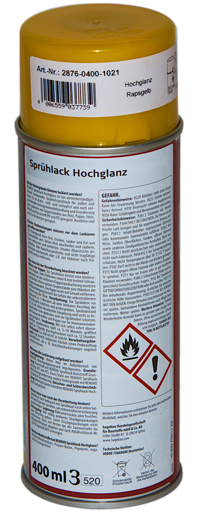 400ml Renovo Sprühlack hochglänzend Rapsgelb RAL1021