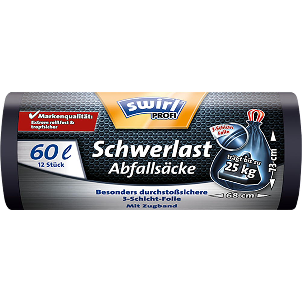 Swirl Profi-Schwerlast-Abfallsäcke 60Liter mit Zugband, (12/Rolle) Swirl Profi-Schwerlast-Abfallsäcke 60Liter mit Zugband, (12/Rolle)