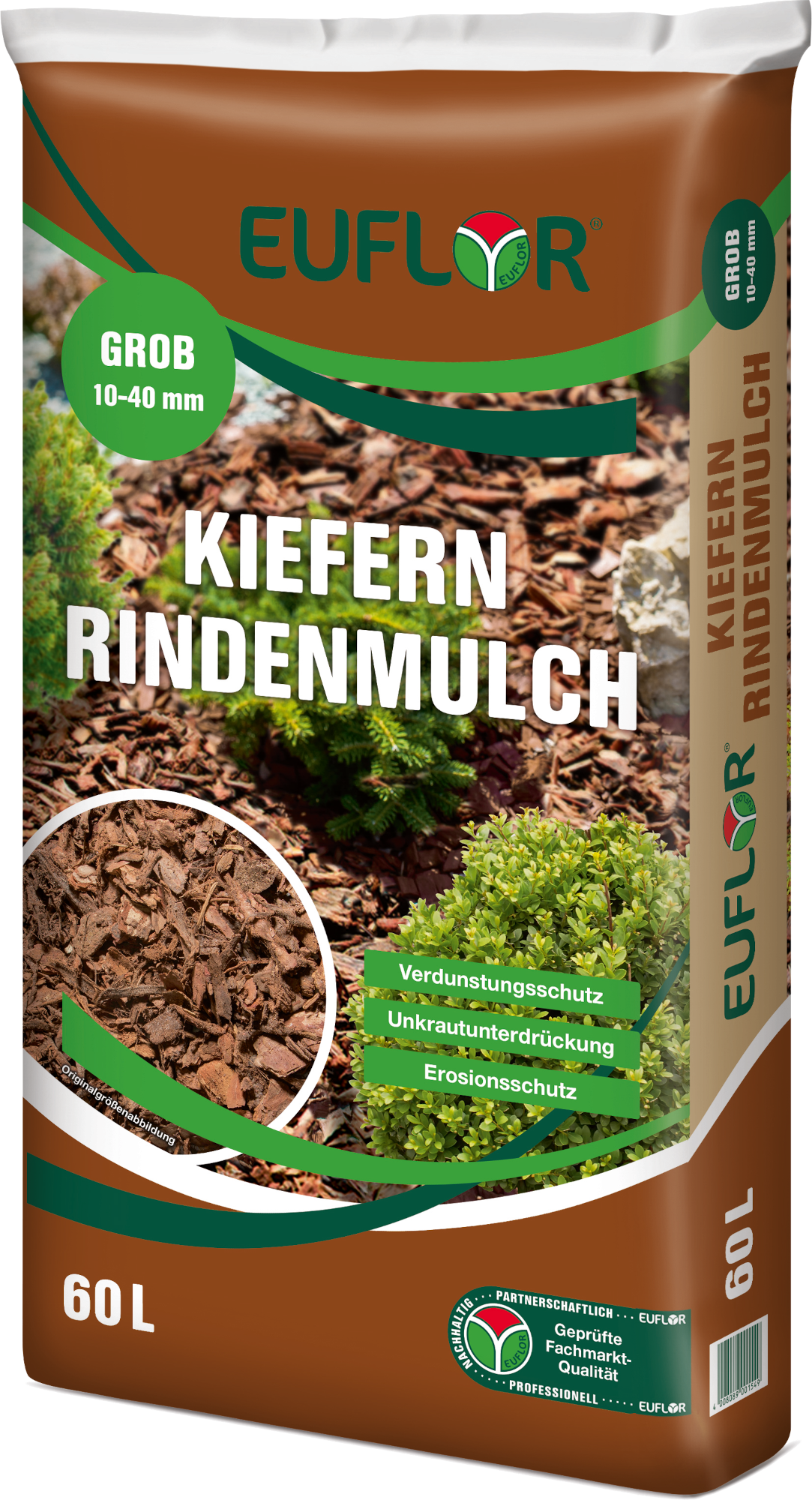 EUFLOR Kiefernrindenmulch 60 l Sack, grob 10-40 mm EUFLOR Kiefernrindenmulch 60 l Sack, grob 10-40 mm