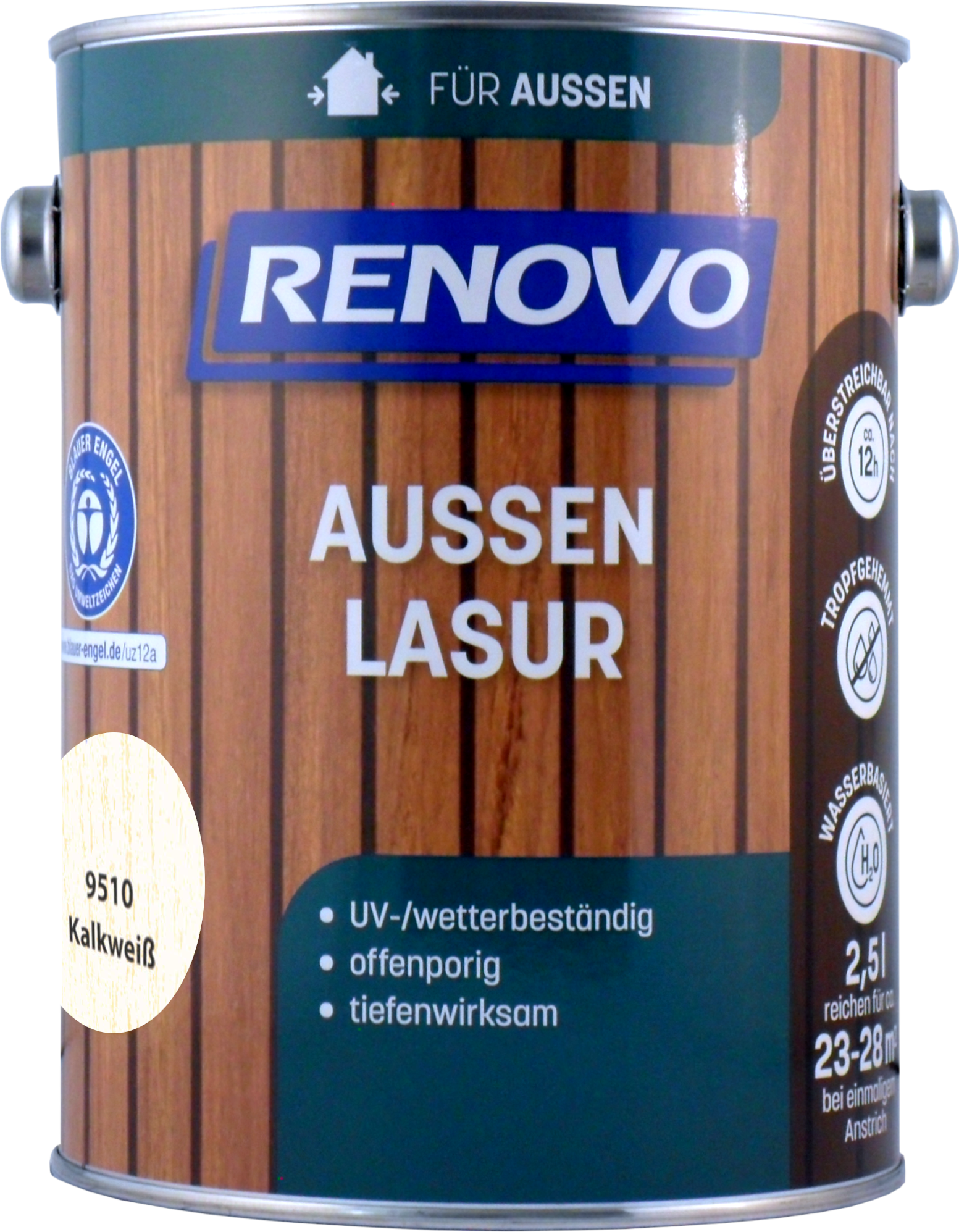 2,5L Renovo Wetterlasur/ Aussenlasur wb. Nr.9510 Kalkweiß 2,5L Renovo Wetterlasur wb. Nr.9510 kalkweiß