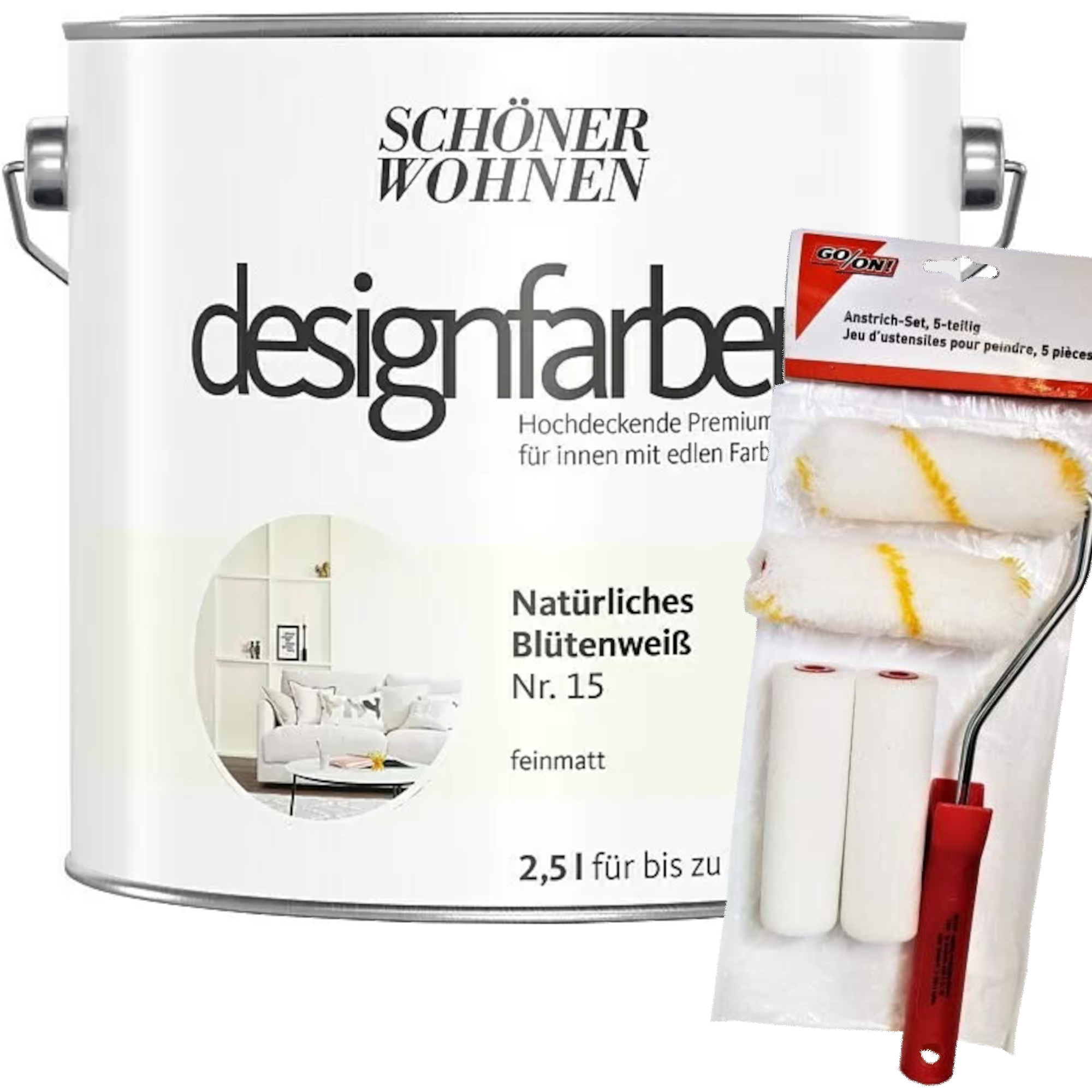 2,5L Schöner Wohnen Designfarbe Natürliches Blütenweiß 15 + Rollerset 2,5L Schöner Wohnen Designfarbe Natürliches Blütenweiß 15 + Rollerset