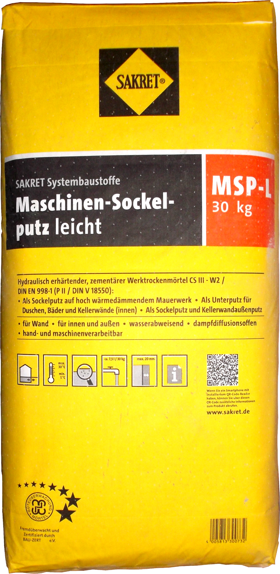 30kg Sakret Sockelputz MSP-L Unterputz Kelleraußenwandputz Wärmedämmputz 30kg Sakret Maschinen-Sockelputz leicht MSP-L
