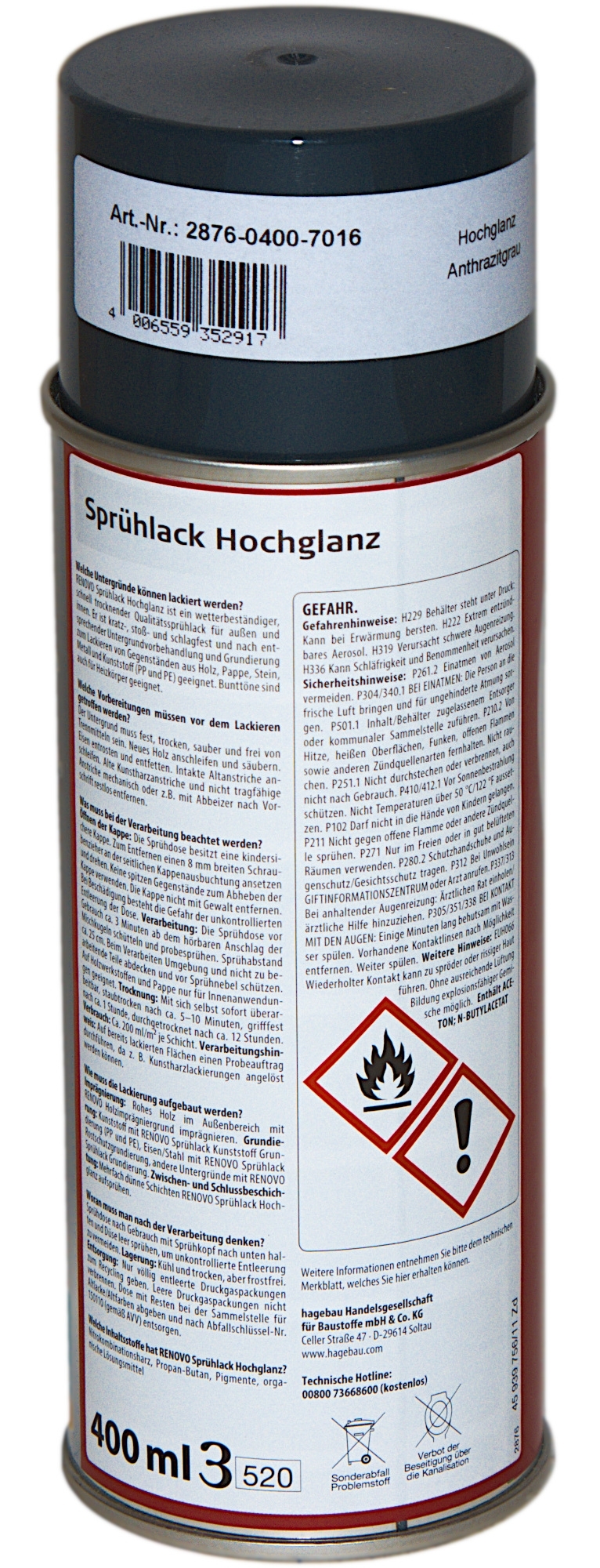 400ml Renovo Sprühlack hochglänzend Anthrazitgrau 400ml Renovo Sprühlack hochglänzend Anthrazitgrau