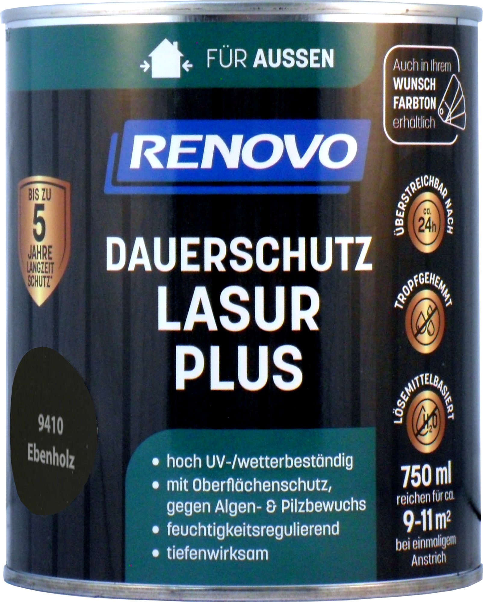 750ml Renovo Dauerschutzlasur PLUS Nr.9410 Ebenholz 750ml Renovo Dauerschutzlasur PLUS Nr.9410 ebenholz