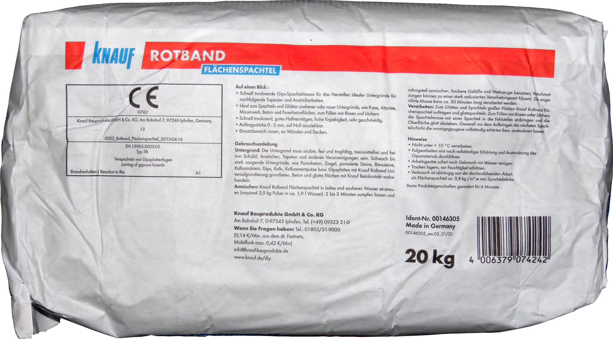 20kg Knauf Rotband Flächenspachtel Weiss 20kg Knauf Rotband Flächenspachtel Weiss