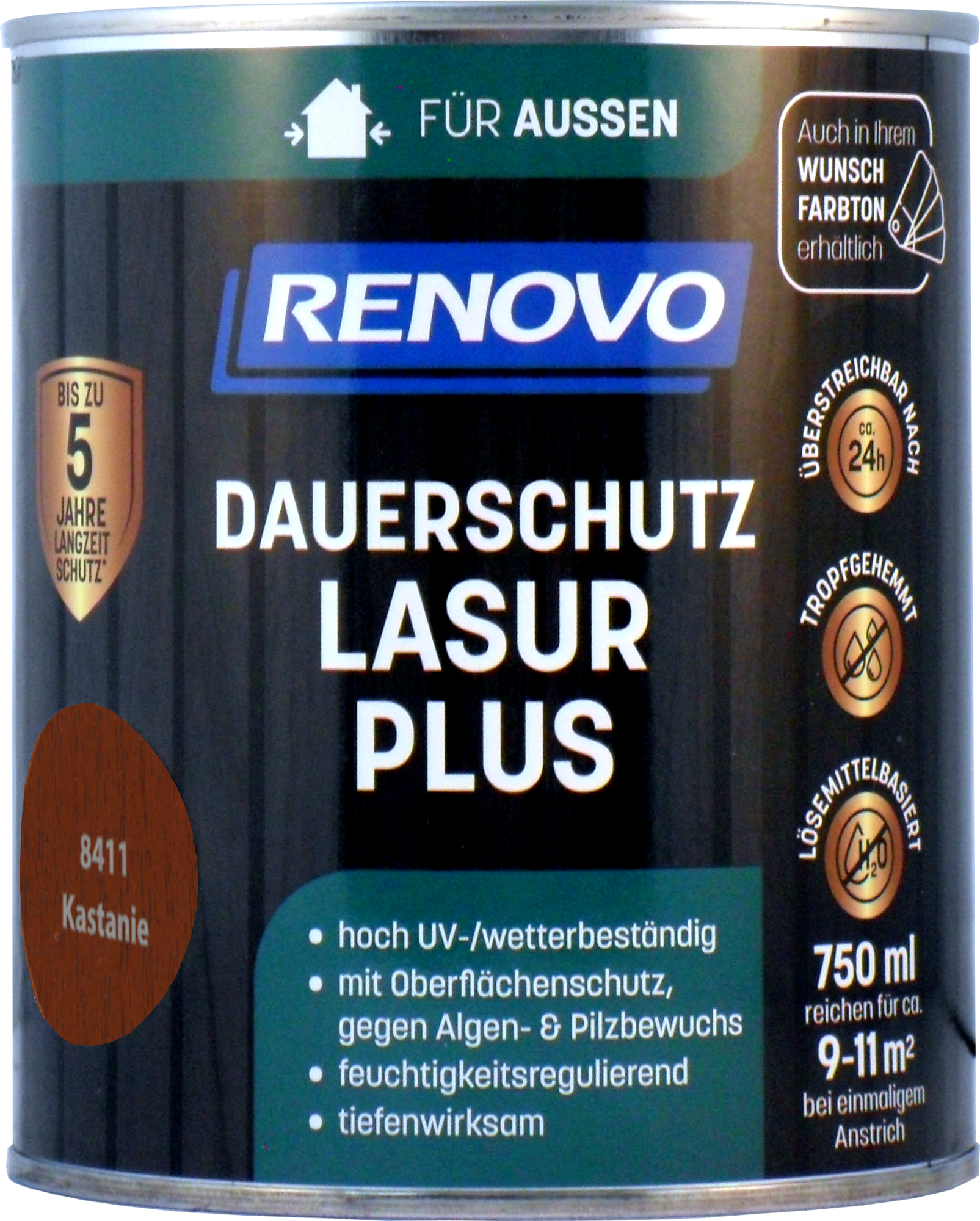 750ml Renovo Dauerschutzlasur PLUS Nr.8411 Kastanie 750ml Renovo Dauerschutzlasur PLUS Nr.8411 kastanie