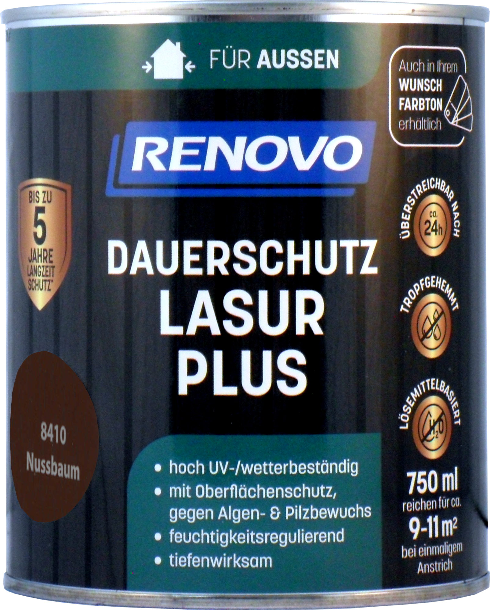 750ml Renovo Dauerschutzlasur PLUS Nr.8410 Nussbaum 750ml Renovo Dauerschutzlasur PLUS Nr.8410 nussbaum