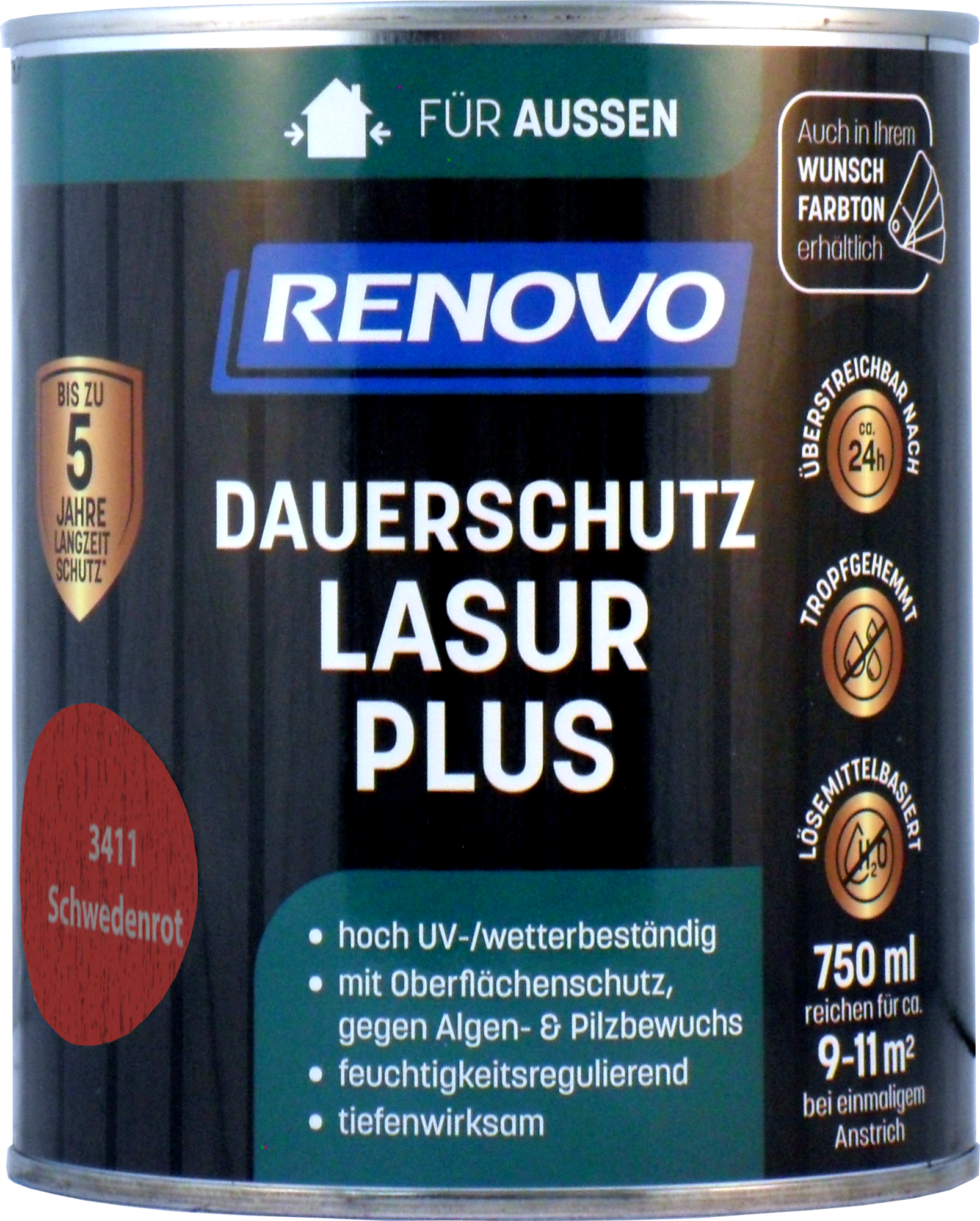 750ml Renovo Dauerschutzlasur PLUS Nr.3411 Schwedenrot 750ml Renovo Dauerschutzlasur PLUS Nr.3411 schwedenrot