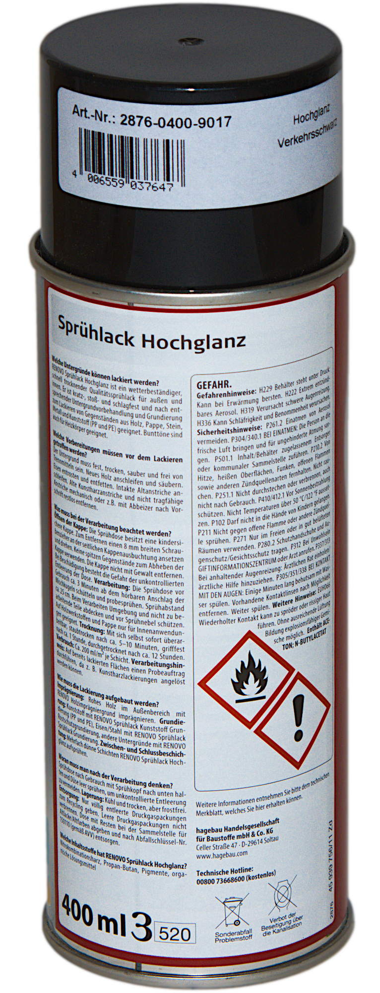 400ml Renovo Sprühlack hochglänzend RAL 9017 Verkehrsschwarz