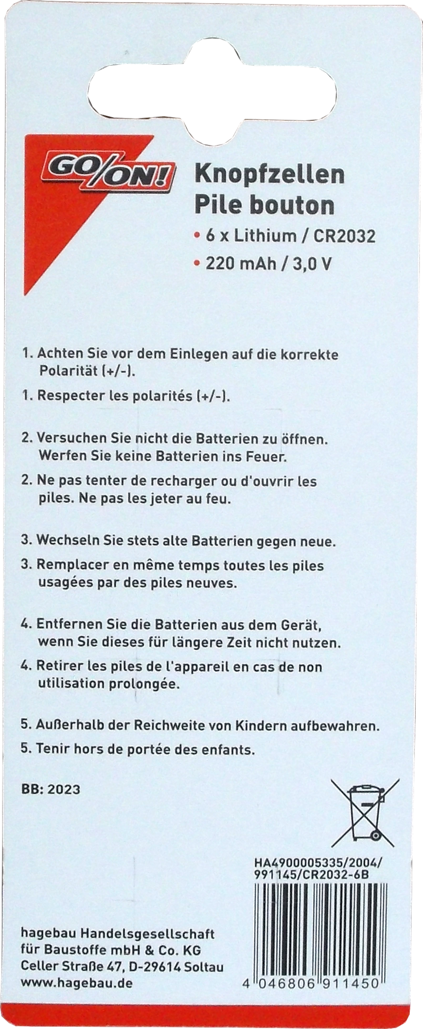 6 Stück GO/ON Knopfzellen CR2032 3,0V 6 Stück GO/ON Knopfzellen CR2032 3,0V