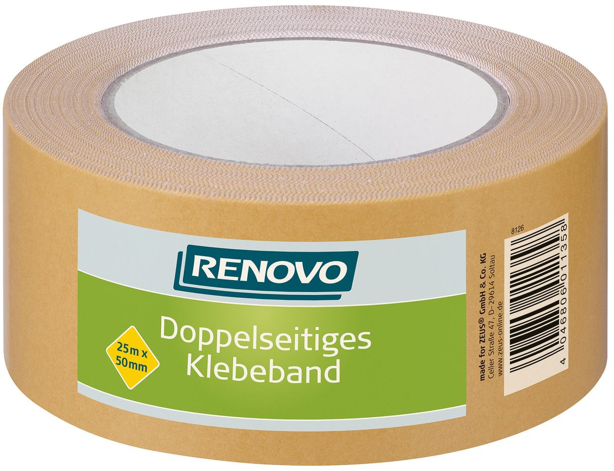 25m Renovo Klebeband doppelseitig, Teppichklebeband, 50mm, farblos 25m Renovo Klebeband doppelseitig, Teppichklebeband, 50mm, farblos