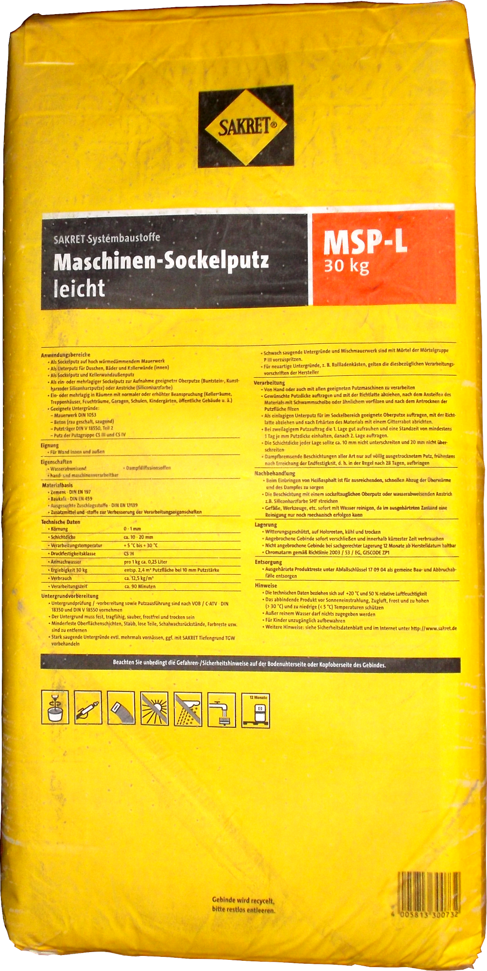 30kg Sakret Sockelputz MSP-L Unterputz Kelleraußenwandputz Wärmedämmputz