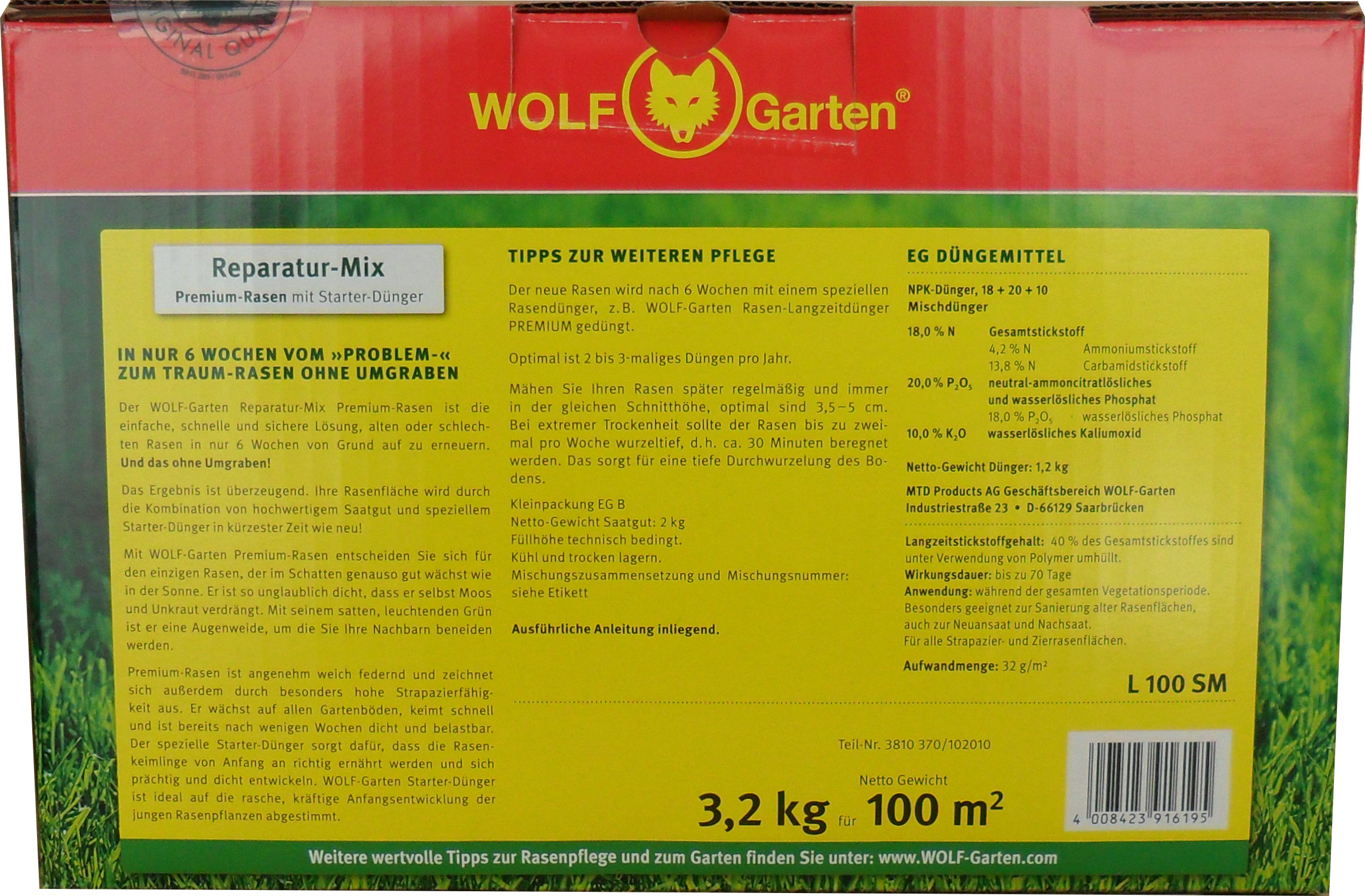 3,2kg L 100 SM MIX PREMIUM-RASEN mit STARTER-DÜNGER 100m² 3,2kg L 100 SM MIX PREMIUM-RASEN mit STARTER-DÜNGER 100m²