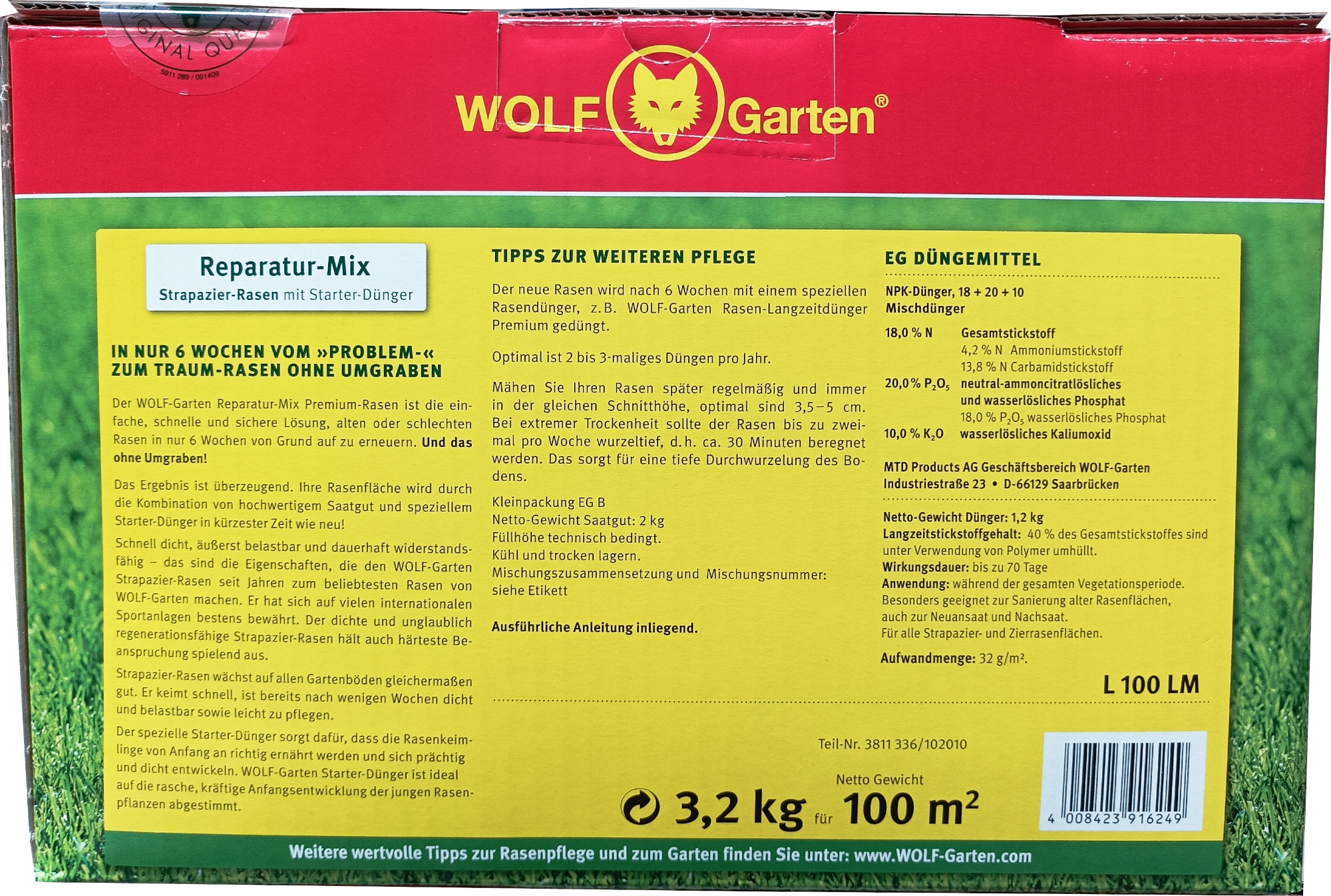 3,2kg L100 LM Strapazier-Rasen mit Starterdünger Reparatur-Mix 3,2kg L100 LM Strapazier-Rasen mit Starterdünger Reparatur-Mix