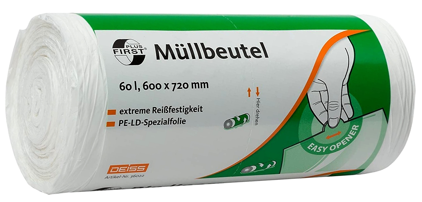 60 Liter Typ60 Weiß Abfallsäcke First Plus® 600x720 (50/Rolle) 60 Liter Typ60 Weiß Abfallsäcke First Plus® 600x720 (50/Rolle)