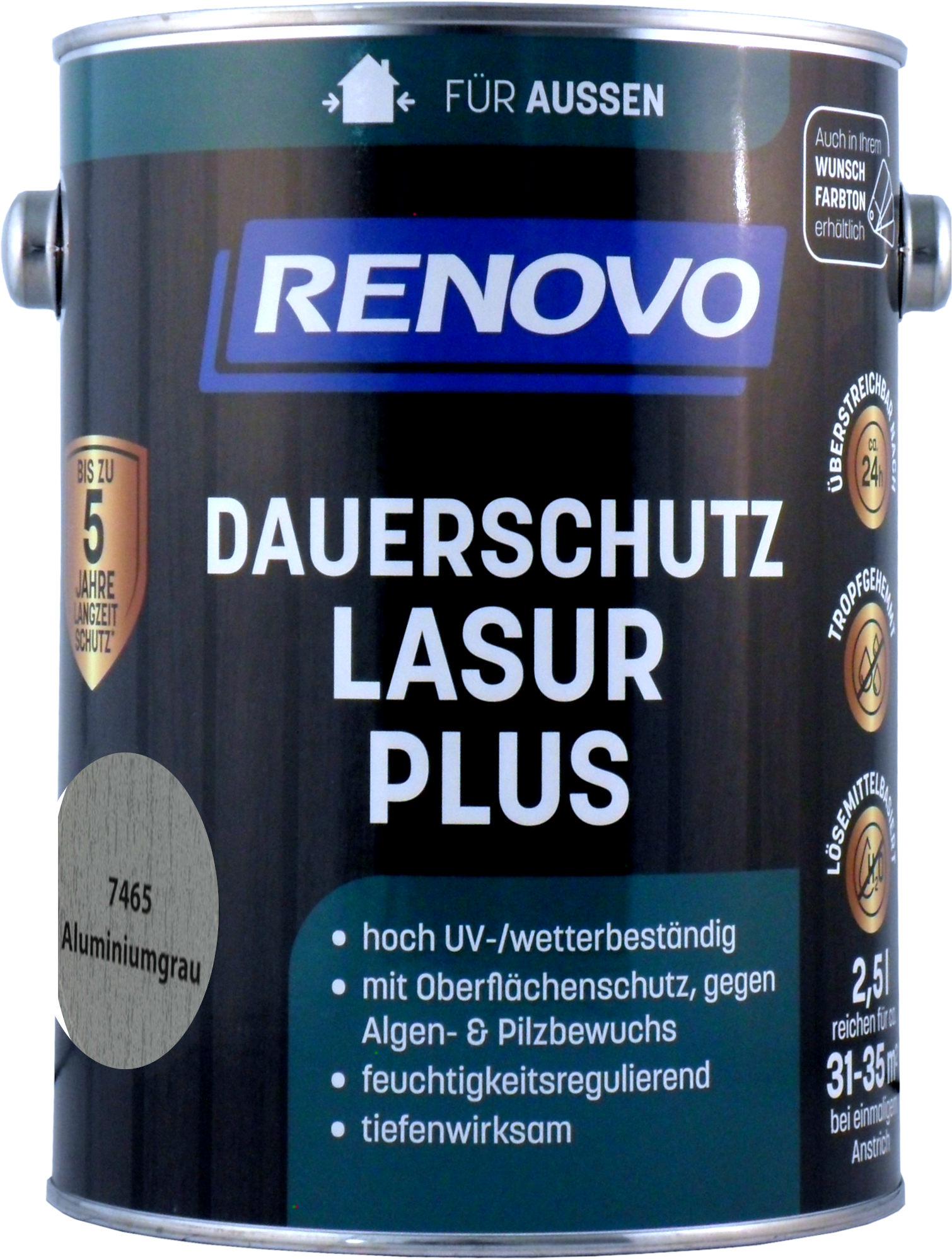 2,5L Renovo Dauerschutzlasur PLUS Nr.7465 Aluminiumgrau ehem. Silbermetallic 2,5L Renovo Dauerschutzlasur Nr.7465 Silbermetallic